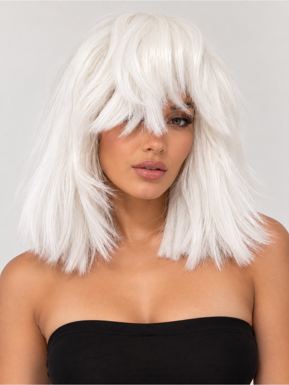 NEW 11” White Platinum Shaggy Bob Wig with Bangs Layered Costume Synthetic Wig